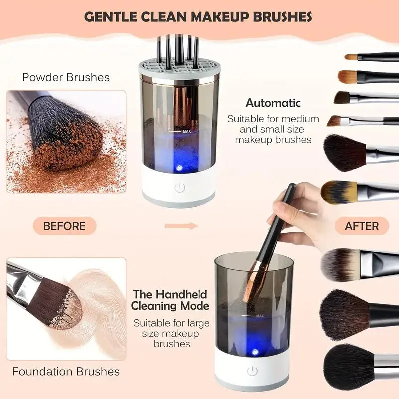 Electric Makeup Brush Cleaning Cup, Countertop Washer with Universal Silicone Cap — Cleans Several Brushes at Once, USB Plug-and-Play — Grey / White