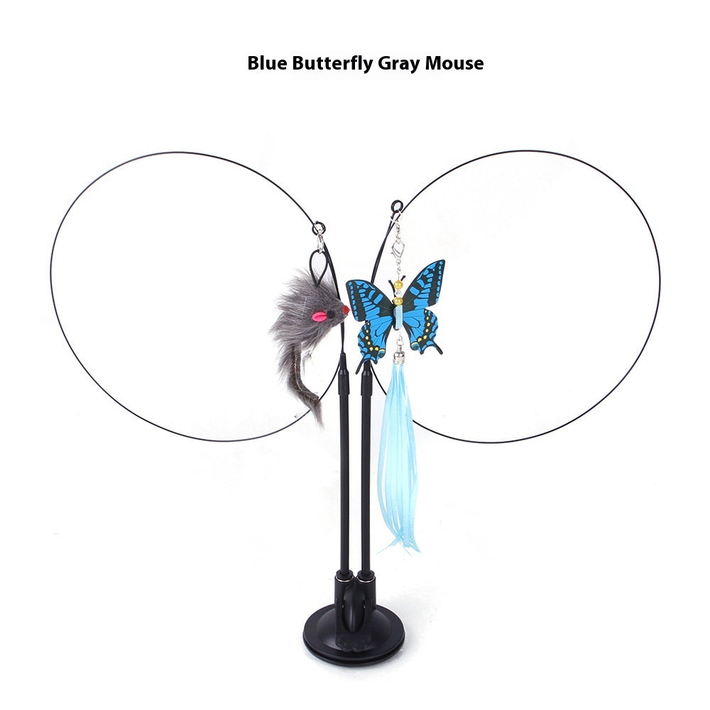 Cat Teaser Toy with Suction Cup Base, Interactive Wand Toy with Butterfly, Squirrel & Caterpillar Attachments — Multiple Styles