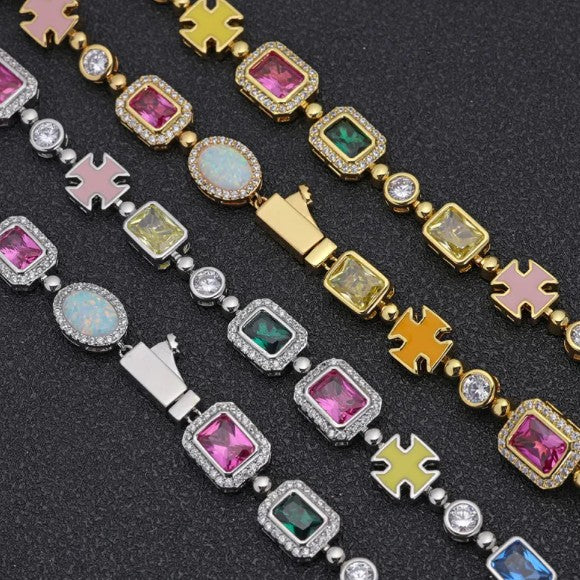 Hip-Hop Gemstone Statement Chain Necklace & Bracelet, Colorful Cubic Zirconia Iced-Out Chain in Gold or Silver-Tone Finish — Multiple Lengths