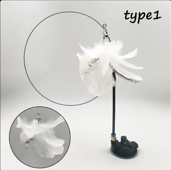 Interactive Cat Toys for Indoor Cats, Self-Play Feather Teaser with Suction Cup Base & Bell — 5 Styles Available