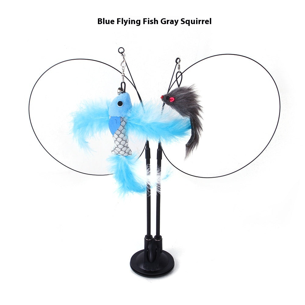 Cat Teaser Toy with Suction Cup Base, Interactive Wand Toy with Butterfly, Squirrel & Caterpillar Attachments — Multiple Styles