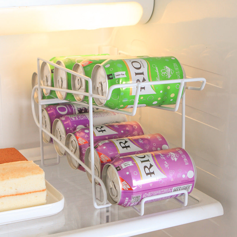 Two-Tier Soda Can Dispenser Rack, Rolling Drinks Can Organizer for Fridge, Cabinet & Pantry — Coated Iron Wire, 28x18x14cm