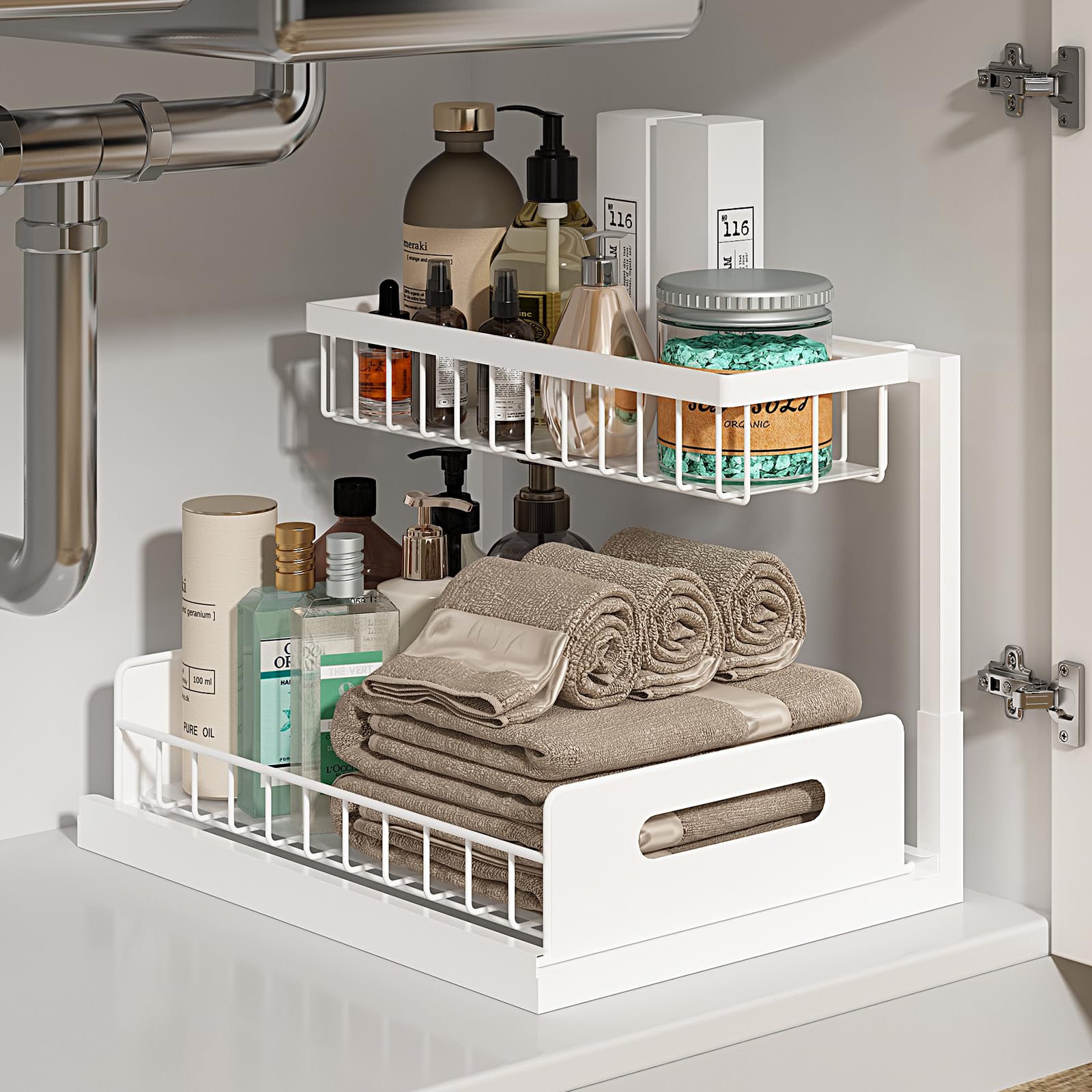 REALINN Under Sink Organizer, 2-Tier Pull-Out Cabinet Storage Shelf, L-Shaped Slide-Out Sink Rack with Rustproof Baking-Paint Steel — White, 1 Pack