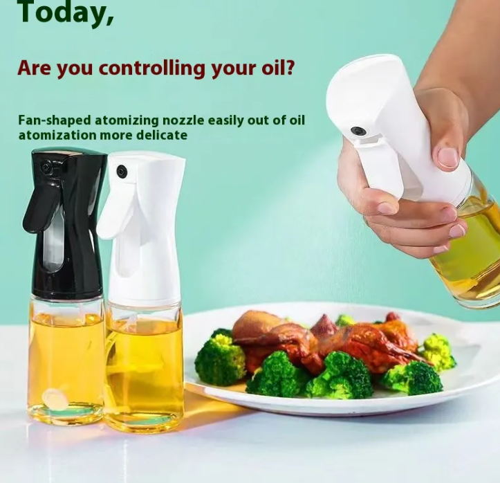 Portable Cooking Oil Sprayer, Refillable Glass Olive Oil Mister with Continuous Fine-Mist Nozzle — Black / White, 200-300ml