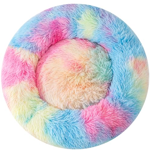 Round Plush Cat Bed Donut Cuddler, 35cm Fluffy Calming Pet Cushion for Indoor Cats — Multicolor