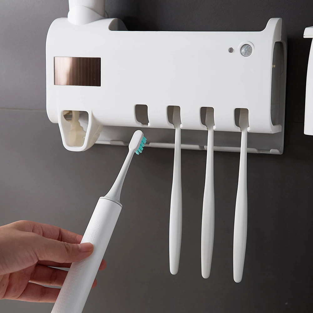 UV Toothbrush Sterilizer Holder & Automatic Toothpaste Dispenser, Wall-Mounted 4-Slot Toothbrush Sanitizer with UV-C Light — White