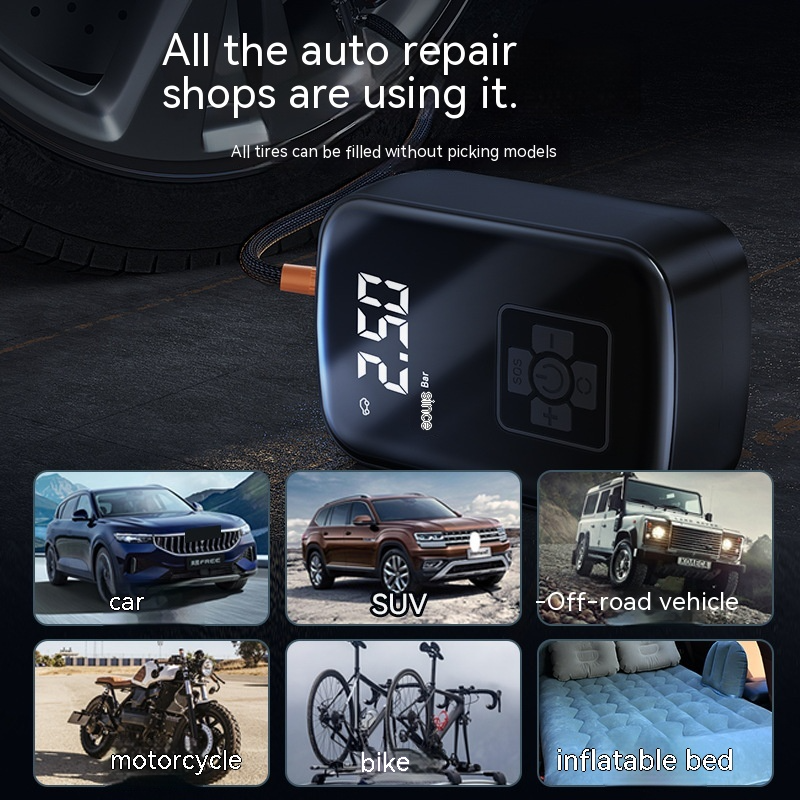 Car Wireless Portable Tire Inflator, 100W 7.4V USB Rechargeable Air Pump with Digital Display & Auto Shut-Off