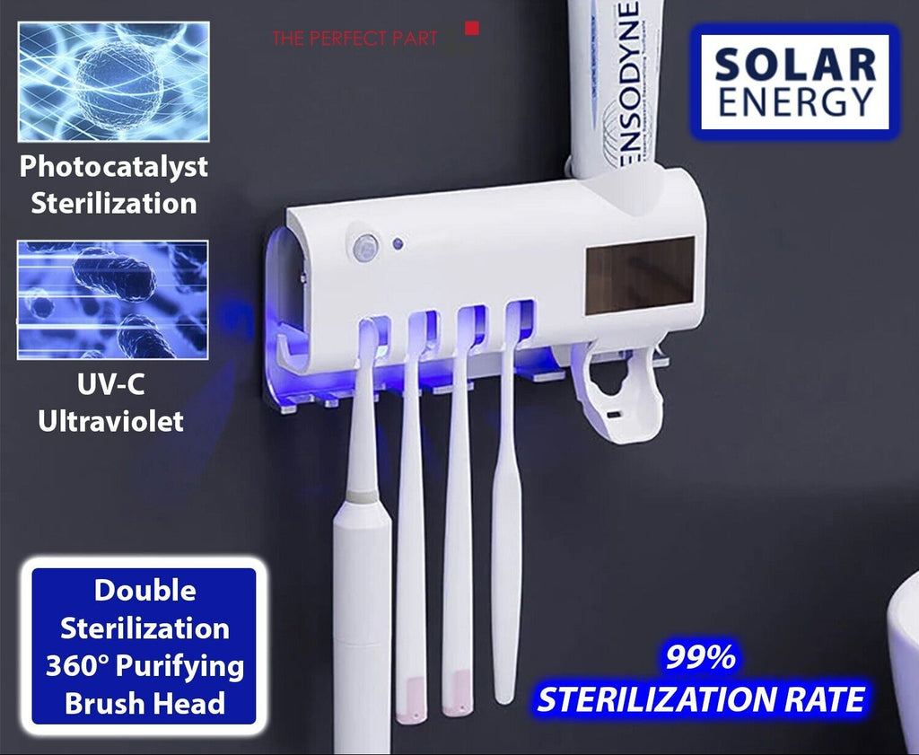 UV Toothbrush Sterilizer Holder & Automatic Toothpaste Dispenser, Wall-Mounted 4-Slot Toothbrush Sanitizer with UV-C Light — White