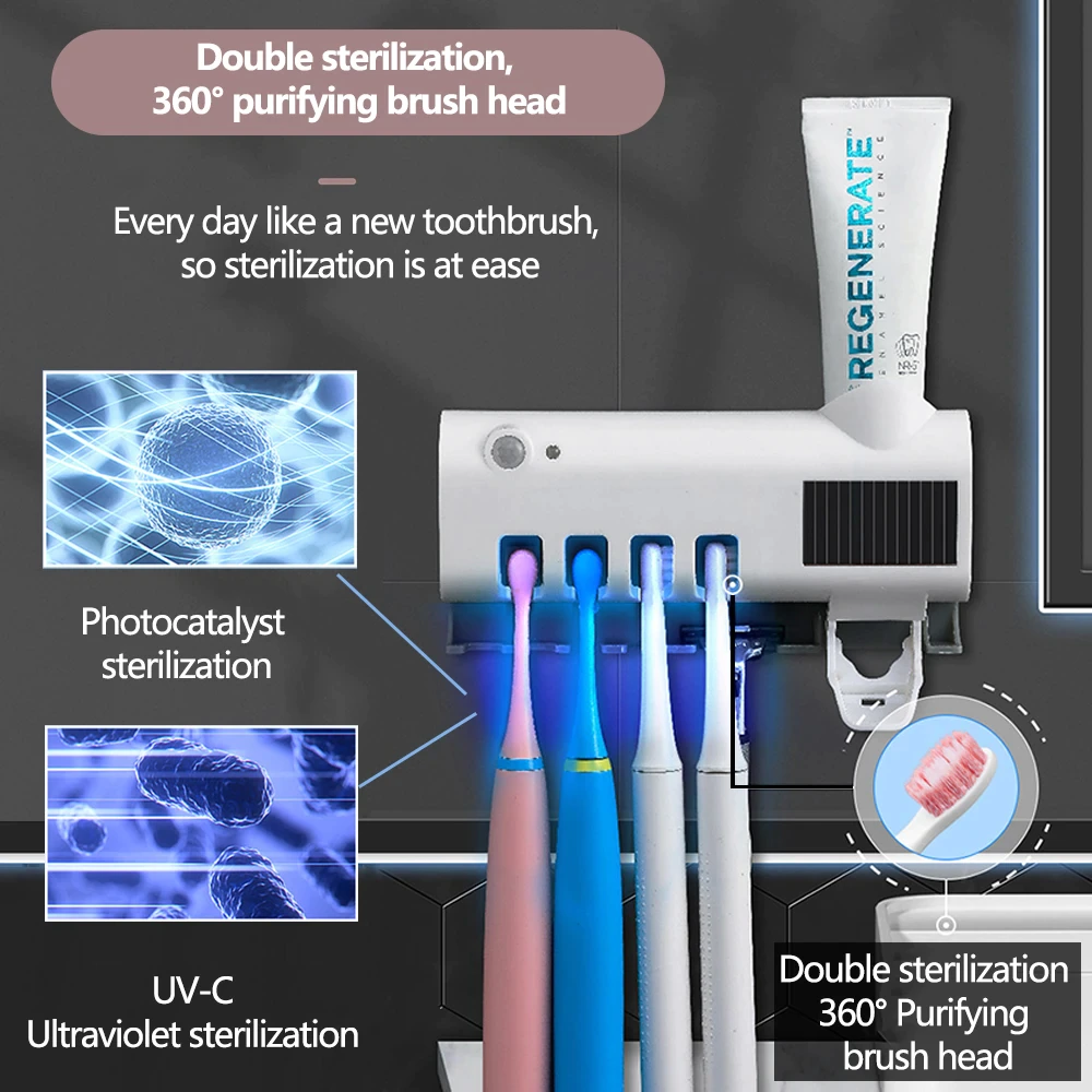 UV Toothbrush Sterilizer Holder & Automatic Toothpaste Dispenser, Wall-Mounted 4-Slot Toothbrush Sanitizer with UV-C Light — White