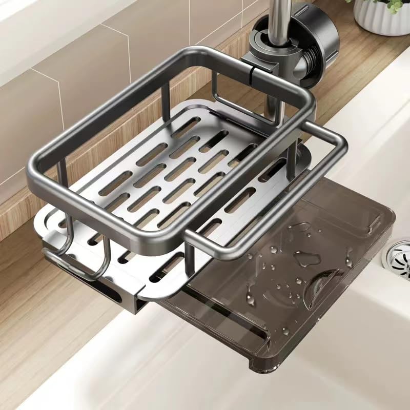 Hyfant Kitchen Sink Faucet Organizer, Over-Faucet Sponge Holder & Storage Rack with Drain Tray, Rustproof Aluminum Caddy for Sponge, Soap