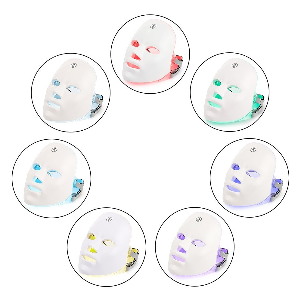 7-Colour LED Face Mask, Strap-On Photon Light Therapy Mask with Adjustable Head Strap — Mask Only, with Neck Band, or with Roller & Gua Sha