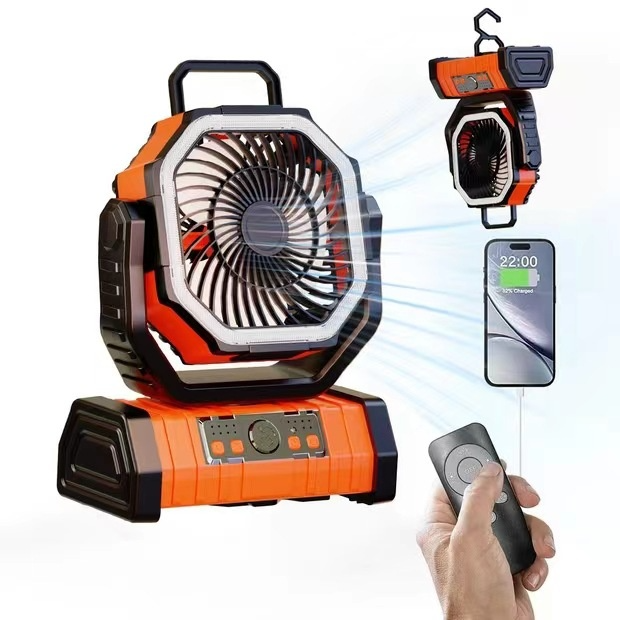 Outdoor Camping Fan Power Bank with LED Light, 3-in-1 Portable Rechargeable Fan with 10000/20000mAh Power Bank & Oscillating Airflow — F6 / F8