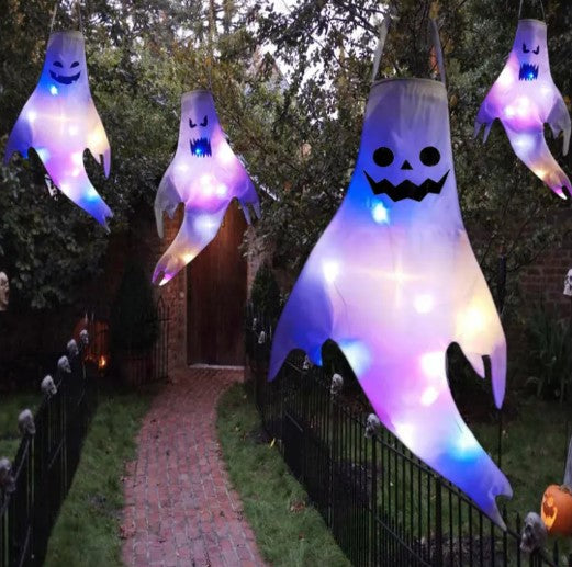 Light-Up Hanging Ghost Windsock, LED Halloween Ghost Decoration for Yard, Porch & Tree — Five Face Designs