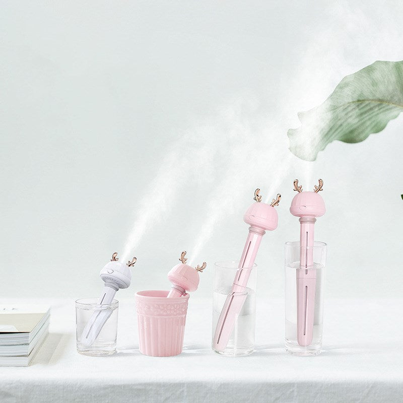 Mini USB Bottle-Cap Humidifier, Cute Rabbit-Ear / Deer-Antler Mist Head with Drop-In Tube for Your Own Bottle or Glass — Fawn / Bunny, White / Pink