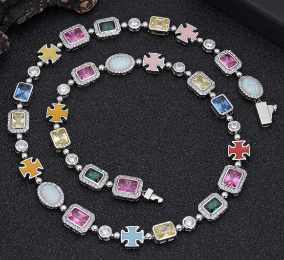 Hip-Hop Gemstone Statement Chain Necklace & Bracelet, Colorful Cubic Zirconia Iced-Out Chain in Gold or Silver-Tone Finish — Multiple Lengths