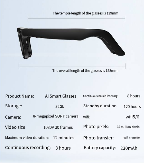 AI Camera Smart Glasses, HD Video Recording Smart Glasses with Anti-Shake, Voice Calls, Translation & Object Recognition — Sunglasses / Clear Lens
