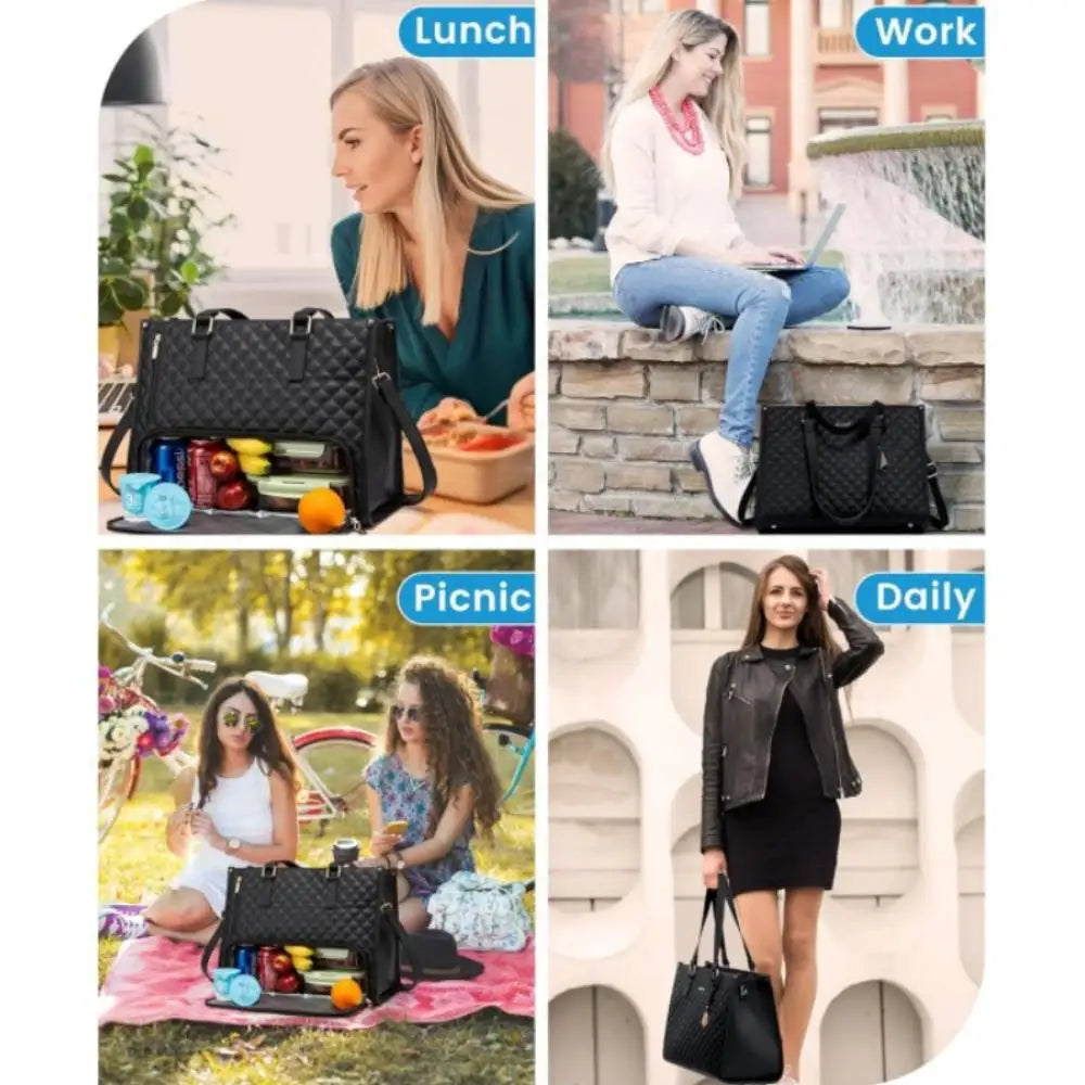 Women's Insulated Lunch Bag, Stylish Water-Resistant Cooler Tote with Separate Top Compartment, Reusable Thermal Lunch Box for Work — Multiple Colors