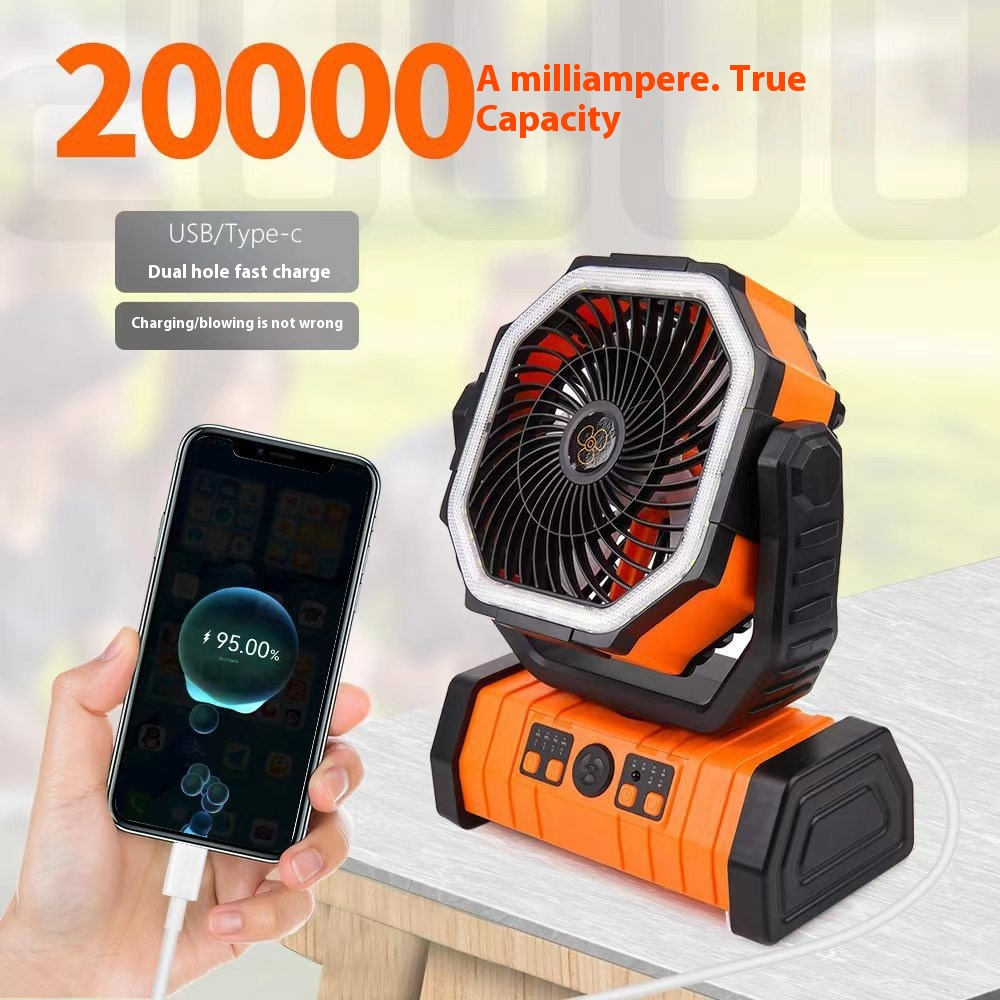 Outdoor Camping Fan Power Bank with LED Light, 3-in-1 Portable Rechargeable Fan with 10000/20000mAh Power Bank & Oscillating Airflow — F6 / F8
