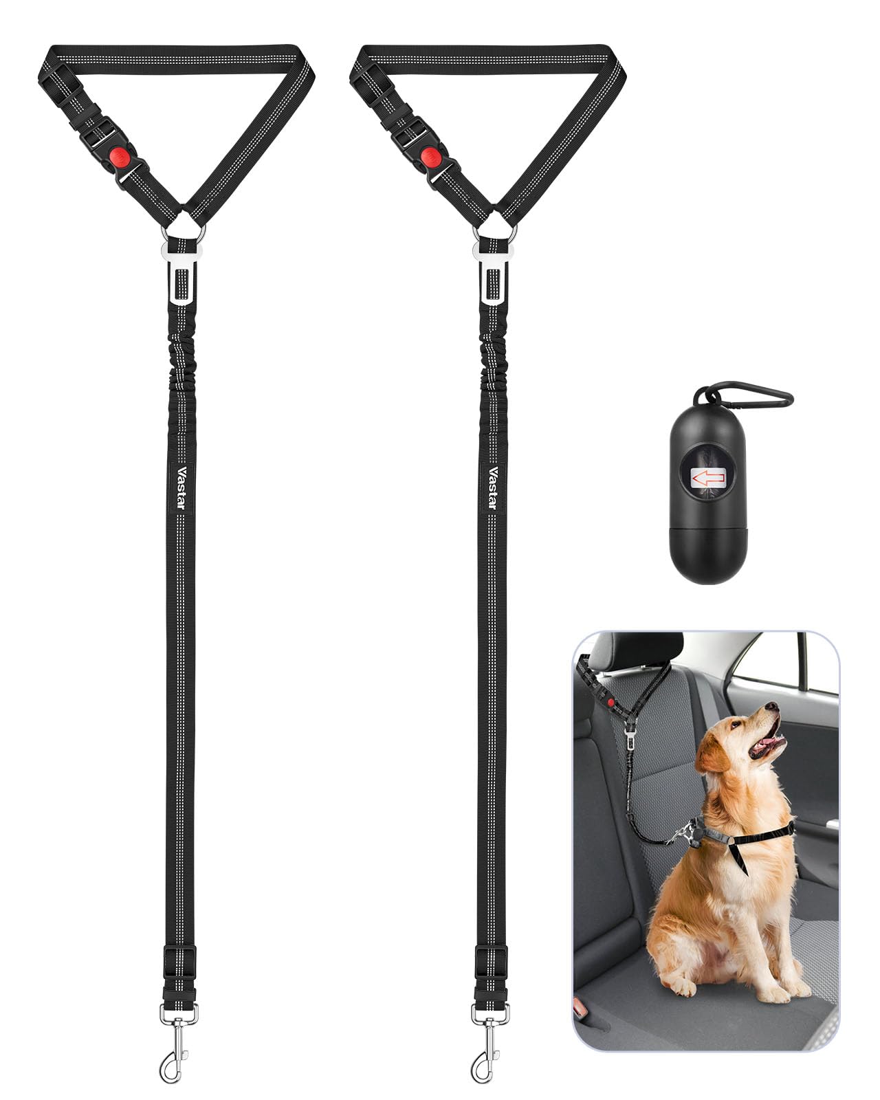 Vastar Dog Seat Belt for Car, 2 Pack Adjustable Pet Car Seatbelt with Elastic Bungee Buffer, 3-in-1 Headrest & Seatbelt Buckle — Black