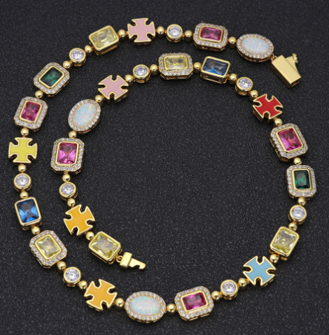 Hip-Hop Gemstone Statement Chain Necklace & Bracelet, Colorful Cubic Zirconia Iced-Out Chain in Gold or Silver-Tone Finish — Multiple Lengths