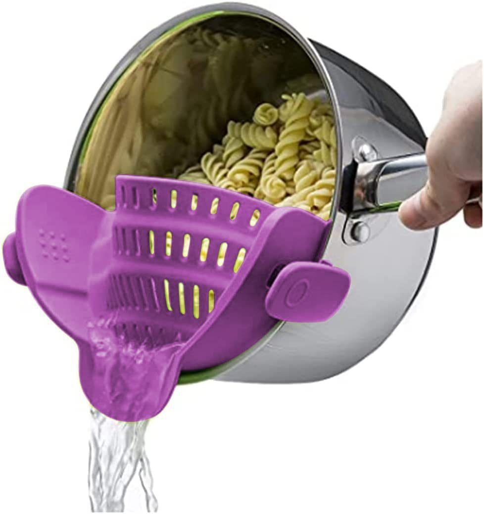 Clip-On Pot Strainer — Flexible Silicone Pan Rim Strainer with Stainless Steel Clips, Drain Pasta & Vegetables Straight From The Pot — 7 Colours