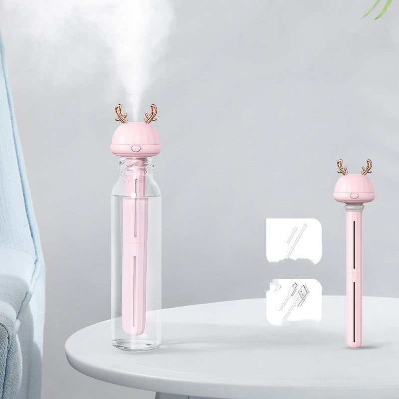 Mini USB Bottle-Cap Humidifier, Cute Rabbit-Ear / Deer-Antler Mist Head with Drop-In Tube for Your Own Bottle or Glass — Fawn / Bunny, White / Pink