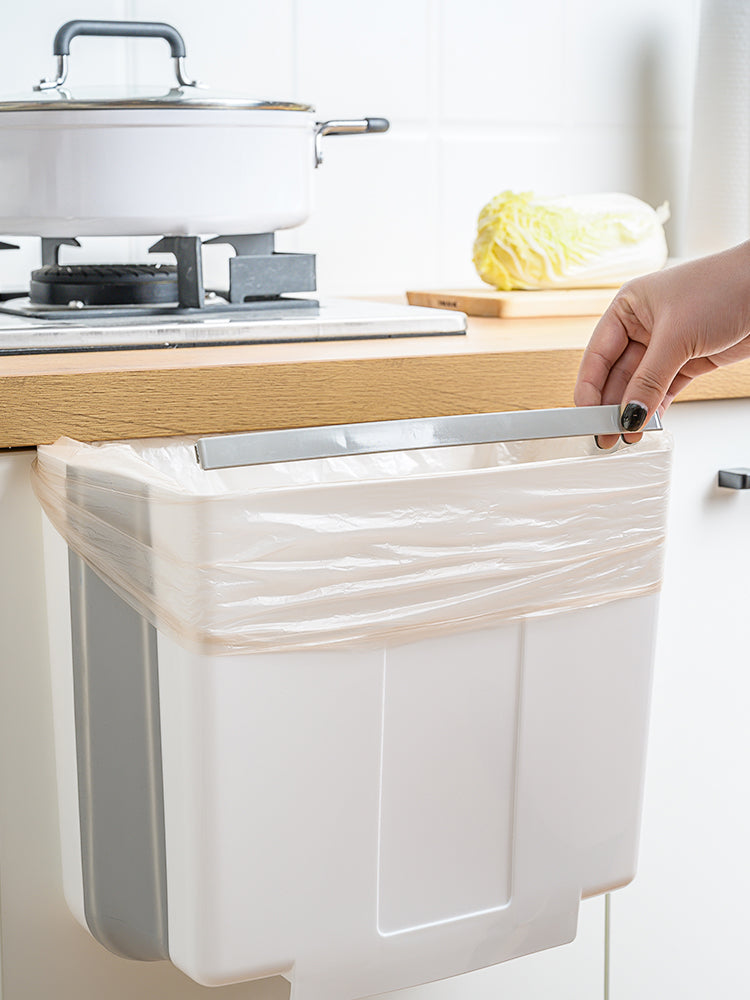 Foldable Kitchen Trash Bin for Cabinet Door, 2.4 Gallon Collapsible Hanging Waste Bin, Space-Saving PP & TPR Garbage Can for Kitchen, Car — Grey