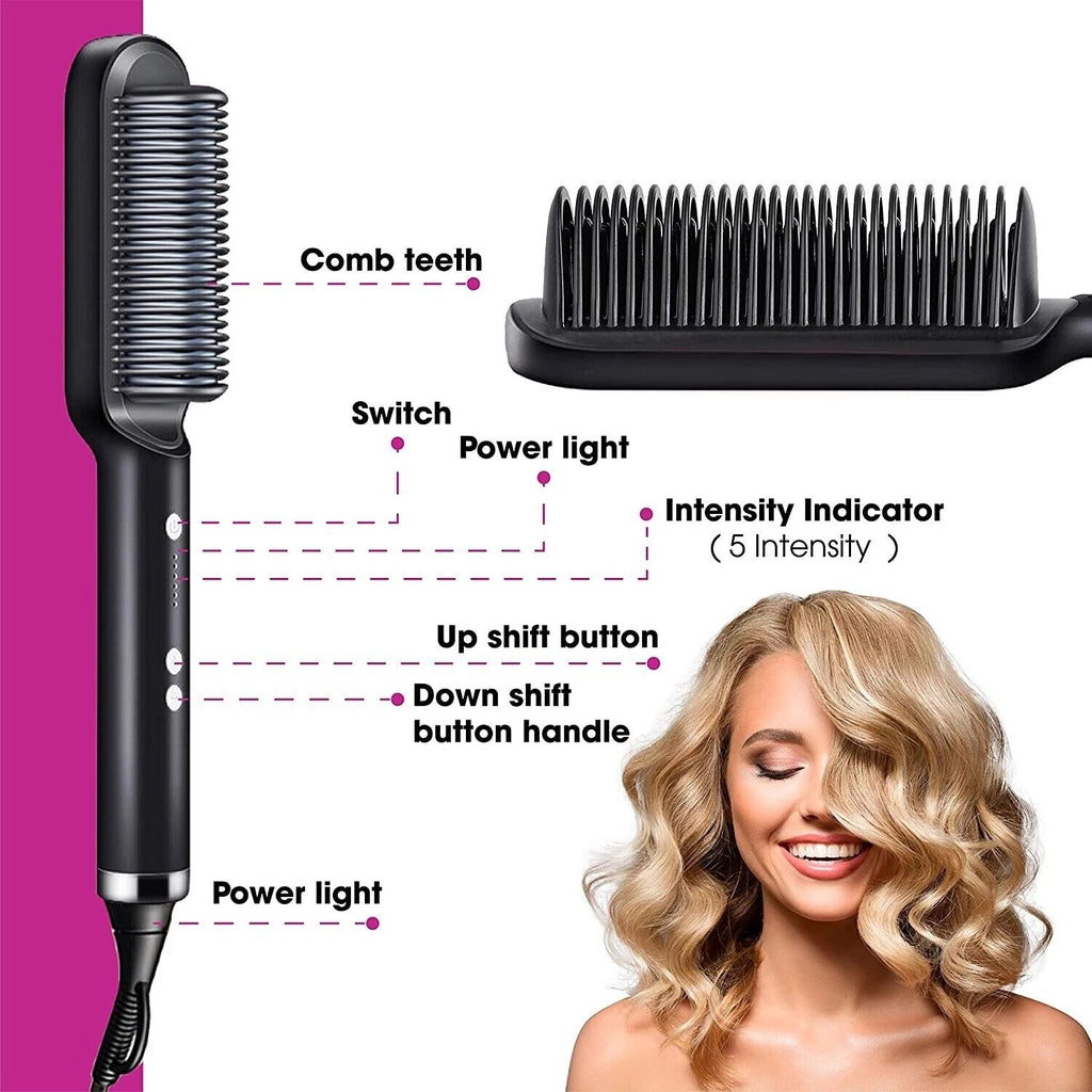 Hair Straightener Brush, 2-in-1 Straightening & Curling Hot Comb with Ceramic PTC Heating, 5 Adjustable Heat Settings & Anti-Scald Design — 4 Colors