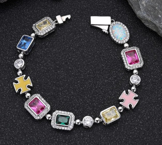 Hip-Hop Gemstone Statement Chain Necklace & Bracelet, Colorful Cubic Zirconia Iced-Out Chain in Gold or Silver-Tone Finish — Multiple Lengths