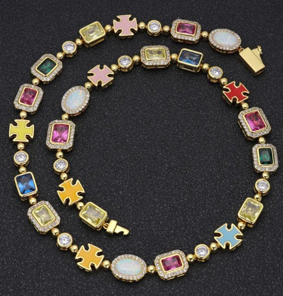 Hip-Hop Gemstone Statement Chain Necklace & Bracelet, Colorful Cubic Zirconia Iced-Out Chain in Gold or Silver-Tone Finish — Multiple Lengths