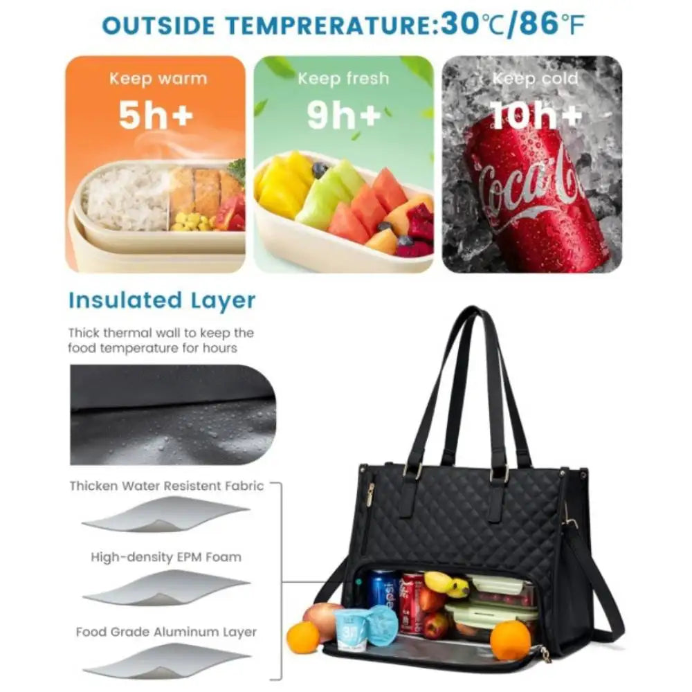 Women's Insulated Lunch Bag, Stylish Water-Resistant Cooler Tote with Separate Top Compartment, Reusable Thermal Lunch Box for Work — Multiple Colors