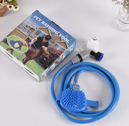 Dog Bath Brush Sprayer, 2-in-1 Pet Shower Scrubber with Hose Attachment, Silicone Massage Hand-Strap Brush with Adjustable Water Flow — Blue