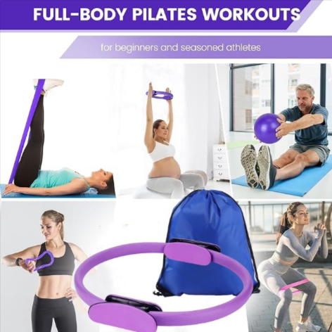 Yoga & Pilates Home Workout Set with Pilates Ring, Resistance Bands, Exercise Ball, Arm Stretcher, Hip Thrust Belt & Stretch Strap — Pink / Purple