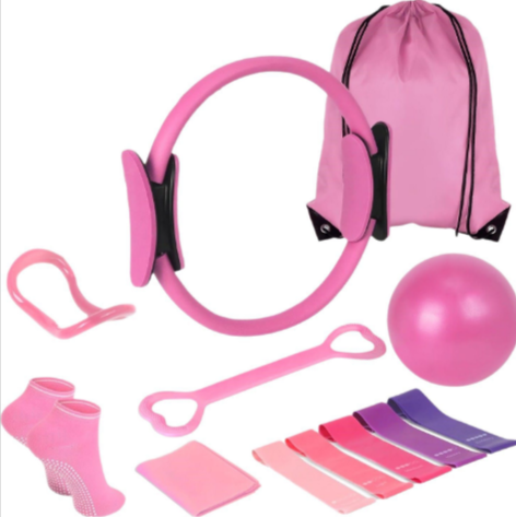 Yoga & Pilates Home Workout Set with Pilates Ring, Resistance Bands, Exercise Ball, Arm Stretcher, Hip Thrust Belt & Stretch Strap — Pink / Purple