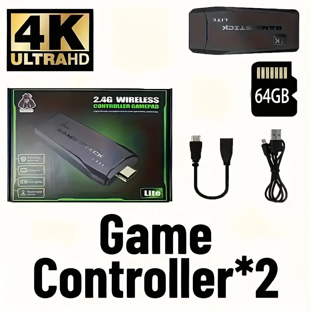 Mini Retro Game Stick Console, 20000+ Built-In Classic Games with 9 Emulators, HDMI Output & 64G Card, 2 Wireless Controllers