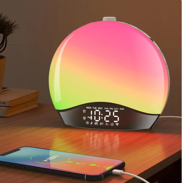 Sunrise Alarm Clock with Bluetooth, Smart Wake-Up Light with Sunrise Simulation, Colorful Bedside Lamp & Bluetooth Speaker — White