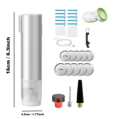 Jar Food Vacuum Sealer, Handheld USB Rechargeable Vacuum Pump with Stainless Steel Shell + 10 Reusable Vacuum Zip Bags — Light Grey