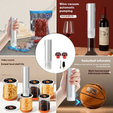 Jar Food Vacuum Sealer, Handheld USB Rechargeable Vacuum Pump with Stainless Steel Shell + 10 Reusable Vacuum Zip Bags — Light Grey
