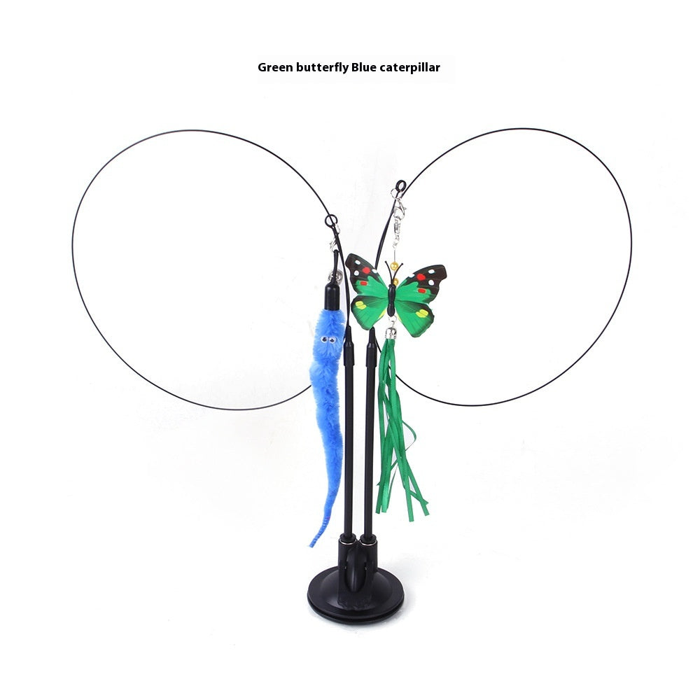 Cat Teaser Toy with Suction Cup Base, Interactive Wand Toy with Butterfly, Squirrel & Caterpillar Attachments — Multiple Styles