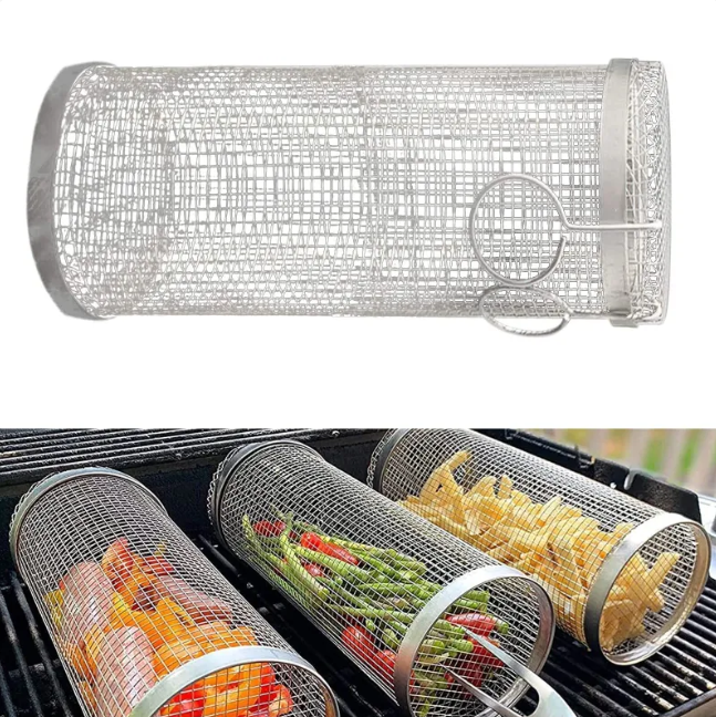 Rolling BBQ Grill Basket, Stainless Steel Mesh Cylinder Grilling Basket for Vegetables, Meatballs, Seafood & Small Foods — 20cm / 30cm, 1-6 Pack