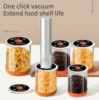 Jar Food Vacuum Sealer, Handheld USB Rechargeable Vacuum Pump with Stainless Steel Shell + 10 Reusable Vacuum Zip Bags — Light Grey