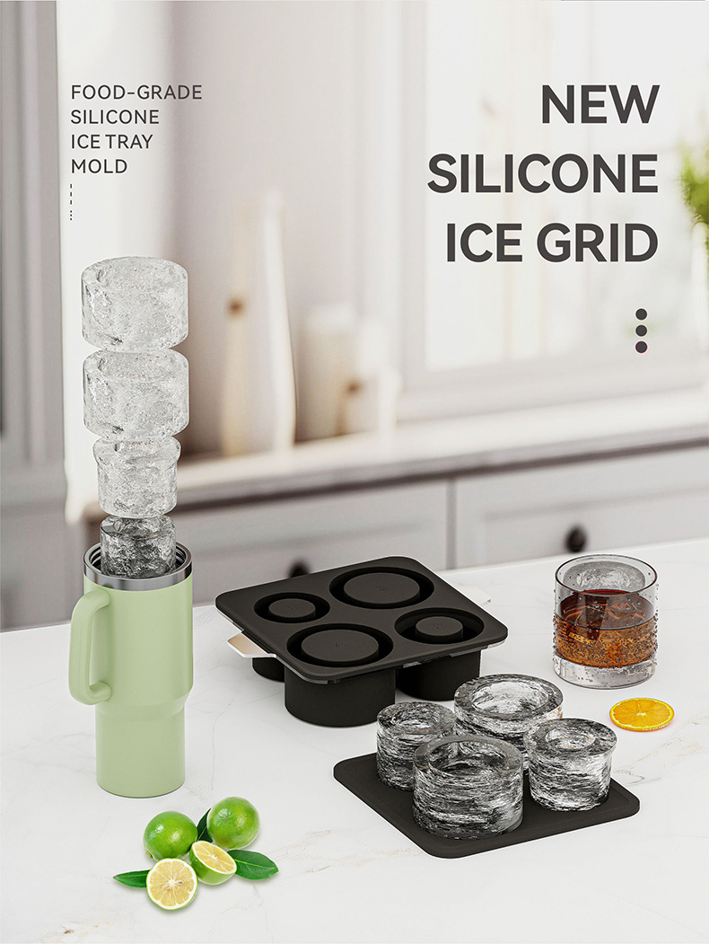 Cylindrical Ice Cube Mold for Tall Tumblers, 4-Grid Silicone Ice Cube Tray with Slow-Melt Cylinder Ice, Fits 30-40oz Tumblers, for Cocktails