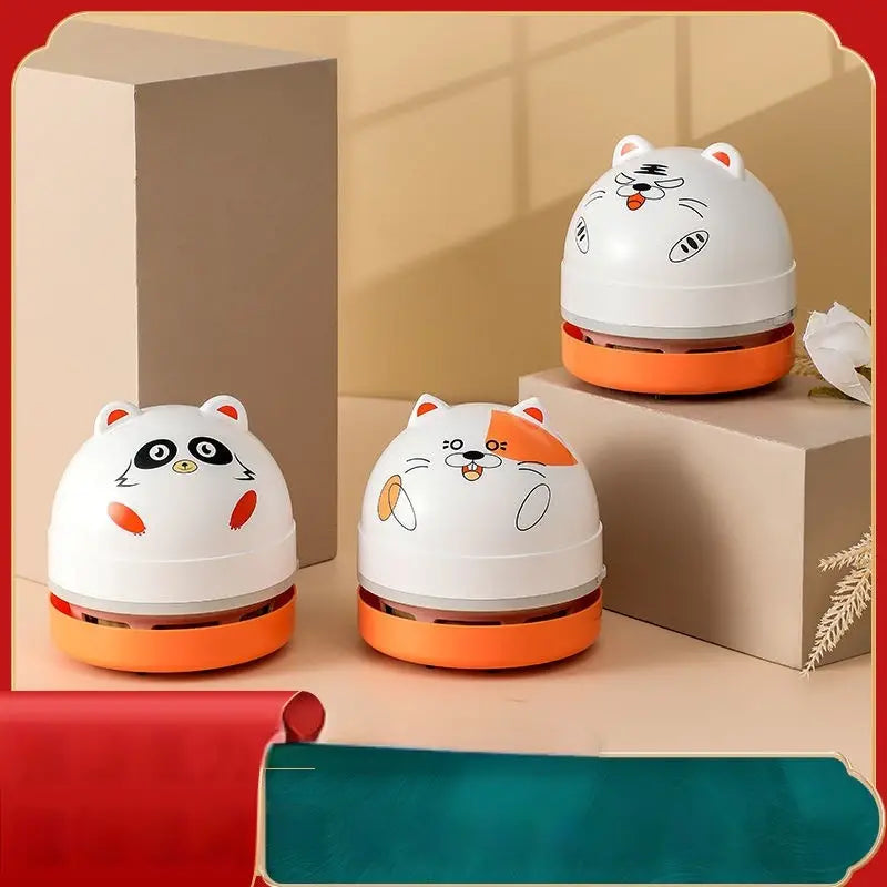 Cute Mini Desktop Vacuum Cleaner, USB Rechargeable Handheld Desk Sweeper for Crumbs, Pencil Shavings & Pet Hair — Panda / Cat / Hamster