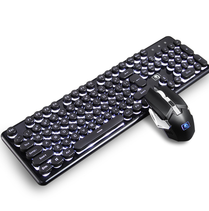Wireless Gaming Keyboard & Mouse Set, Rechargeable Mechanical-Feel Keyboard with Ice-Blue Backlight & 2400DPI Mouse, Waterproof — Black / White