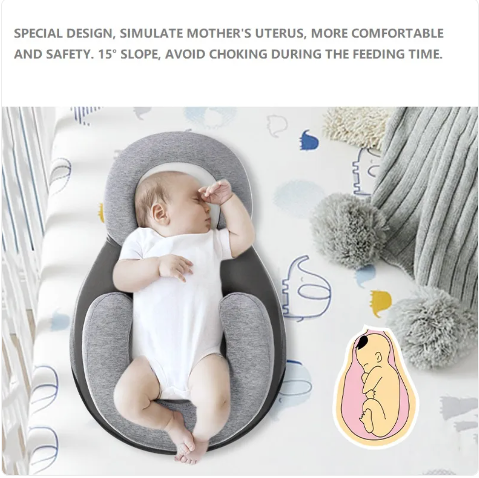 Baby Anti-Spit Up Pillow, 15° Incline Memory Foam Newborn Positioner Nest 60 x 40 x 17 cm — Light Grey, With/Without Safety Strap