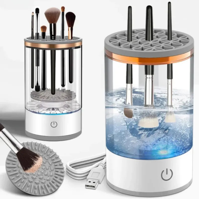 Electric Makeup Brush Cleaning Cup, Countertop Washer with Universal Silicone Cap — Cleans Several Brushes at Once, USB Plug-and-Play — Grey / White