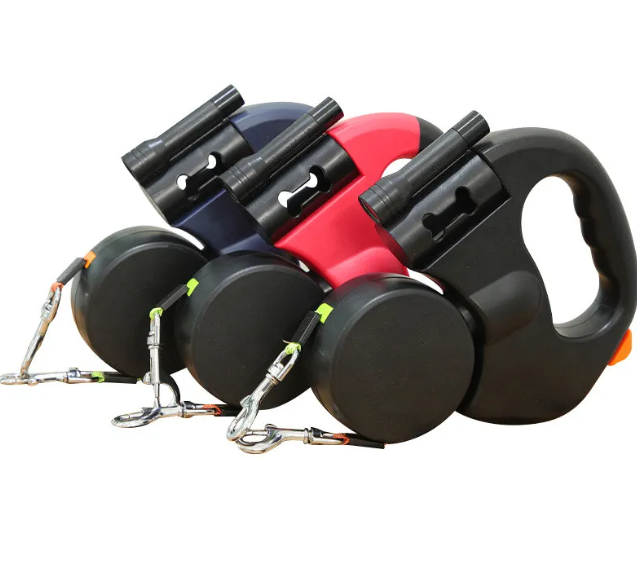 Auto Double Dog Leash, Retractable Dual-Head Telescopic Leash for Walking Two Dogs, Tangle-Free 3M Dog Lead with Ergonomic Grip — Black / Red / Grey