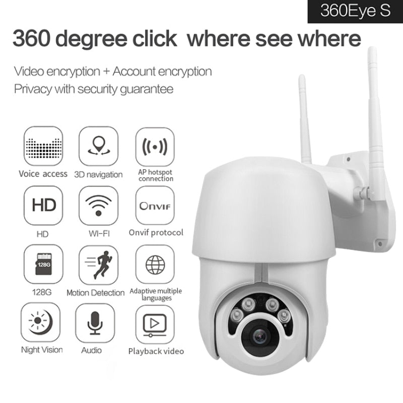 Wireless Security Camera Outdoor Indoor, 1080p HD WiFi PTZ Camera, 360° View, IP66 Waterproof, Night Vision, Motion Detection & Auto Tracking — White