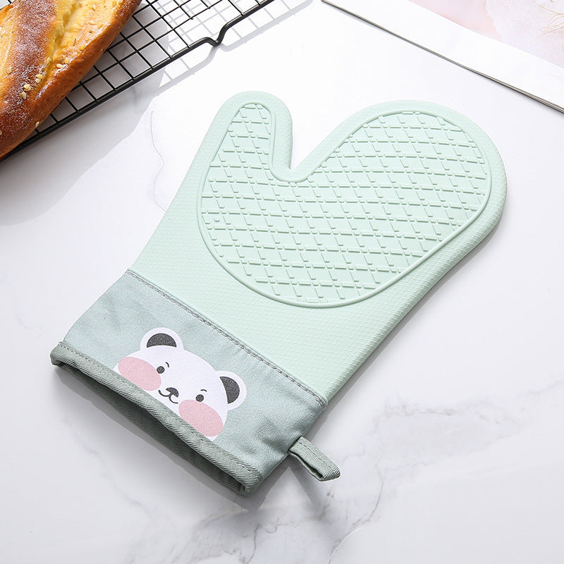 Silicone Non-Slip Insulated Oven Gloves, Food-Grade Heat-Resistant Mitts with Cute Bear Face Design, Easy to Clean — White / Green
