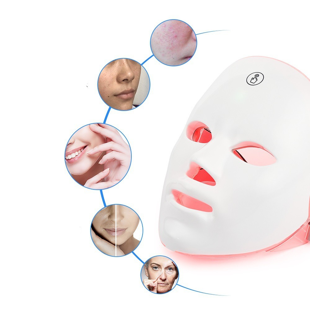 7-Colour LED Face Mask, Strap-On Photon Light Therapy Mask with Adjustable Head Strap — Mask Only, with Neck Band, or with Roller & Gua Sha
